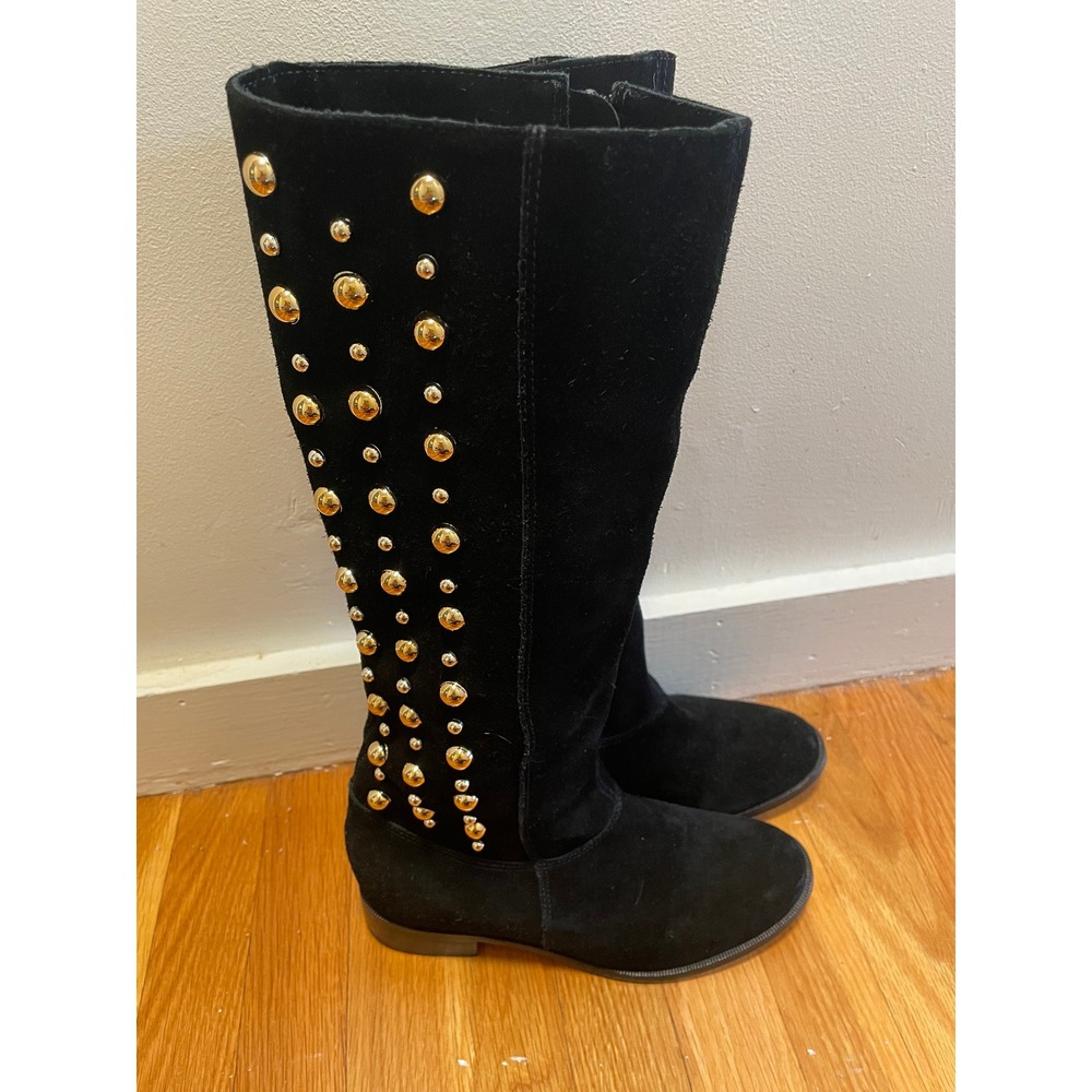 Black Studded Knee-High Boots - Suede Look